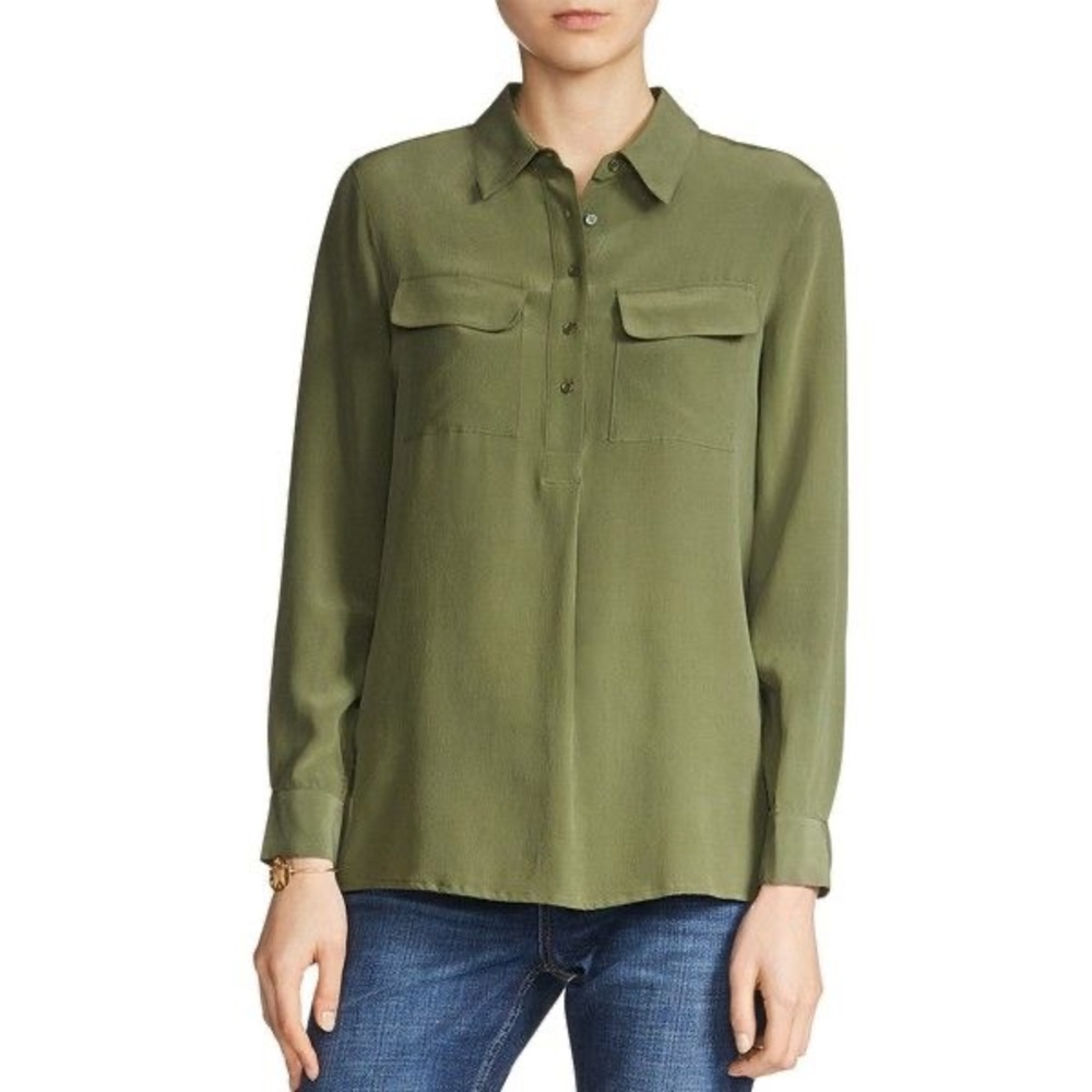 Maje Kaki Buttoned Silk Blouse in Olive Green